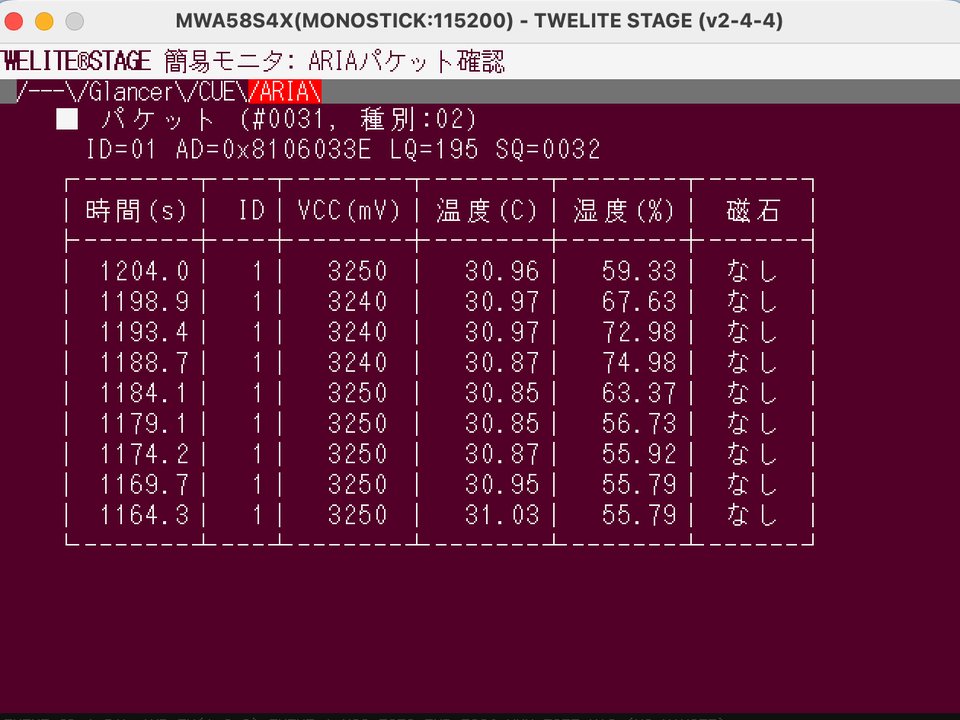 TWELITE STAGE の ARIA 簡易モニタに温度と湿度の受信値が一覧表示された画面